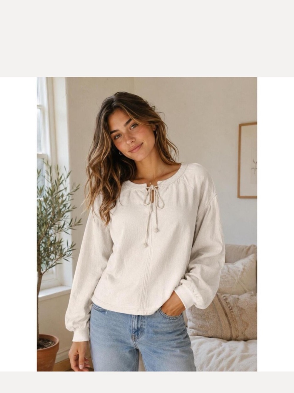 Aerie Cream Tie-Neck Long-Sleeve Pullover